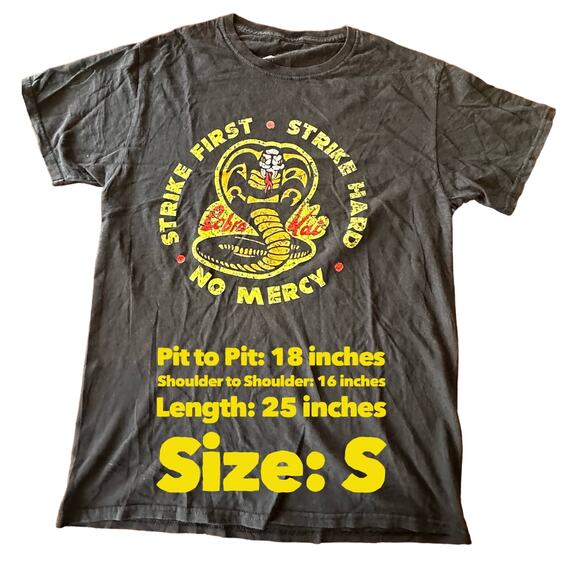 Vintage Cobra Kai Strike First Strike Hard No Mercy T-Shirt *SZ SM - Picture 2 of 2